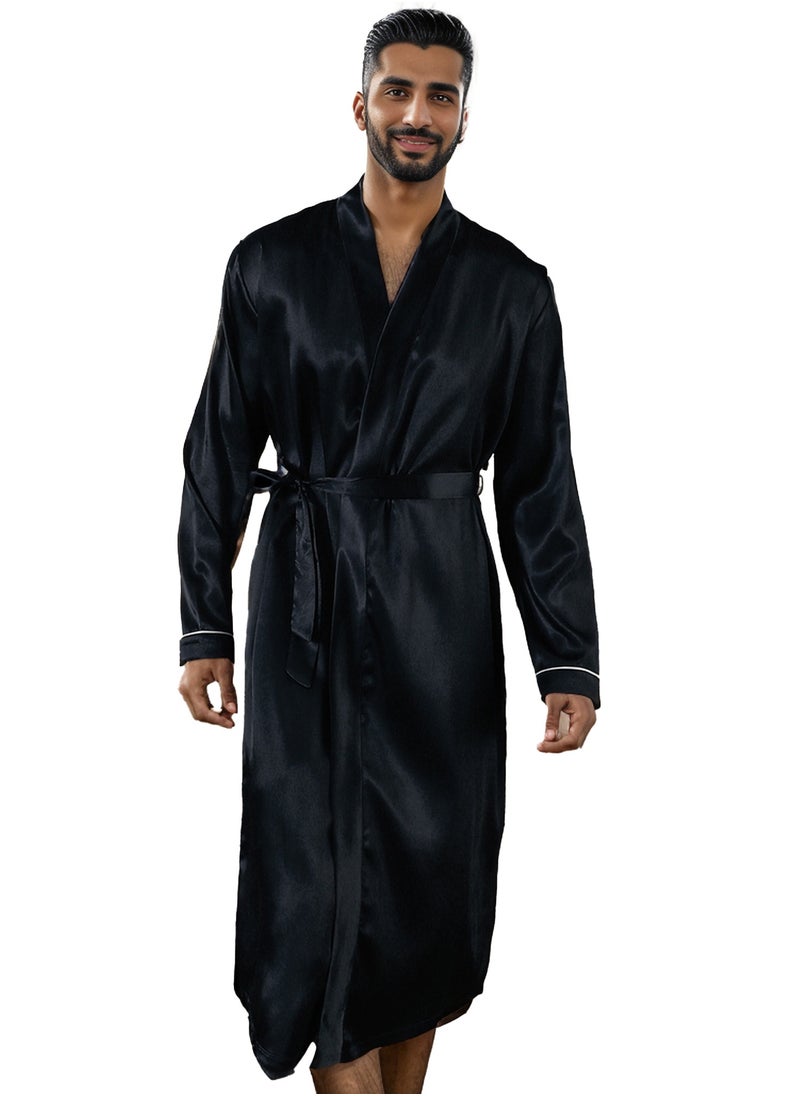 RuanMM Classic Men's Long Sleeve silky Pajamas Lightweight robe Comfortable Lounge Wear-black  - Image 1