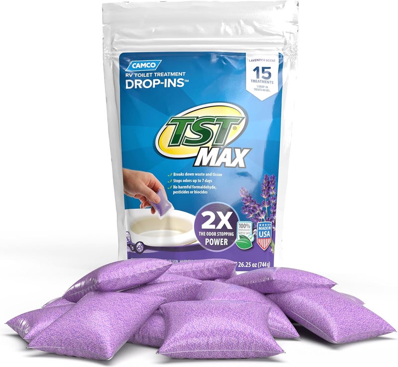 Camco TST MAX Camper/RV Toilet Treatment Drop-INs - Control Unwanted Odors & Break Down Waste and Tissue - Safe Septic Tank Treatment - Lavender Scent, 15-Pack (41559) Gulf climate fit - Image 1