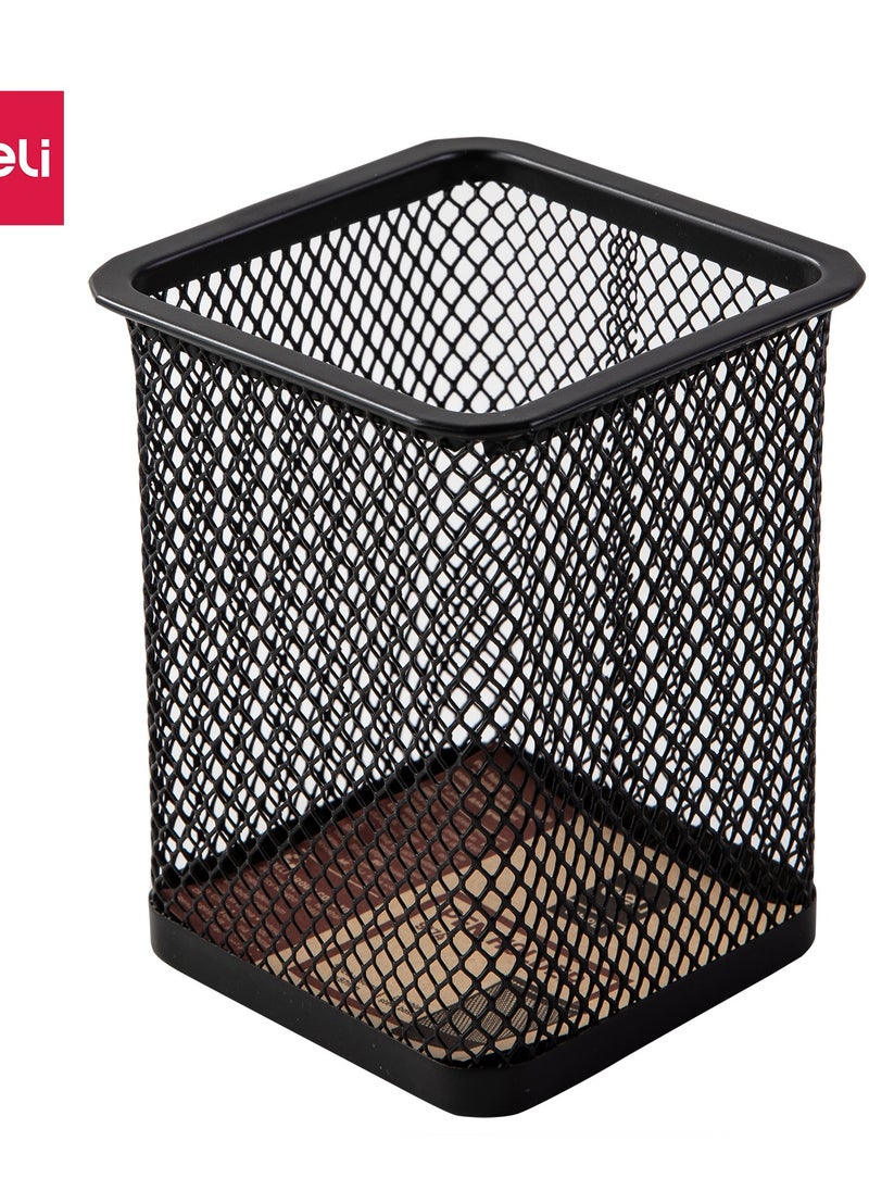 Deli Deli E9174 80x80x90mm Mesh Steel Pen Holder, 1 Compartment, Black – 1PCS/OPP Bag (Ideal for Office & Home Organization)  - Image 1