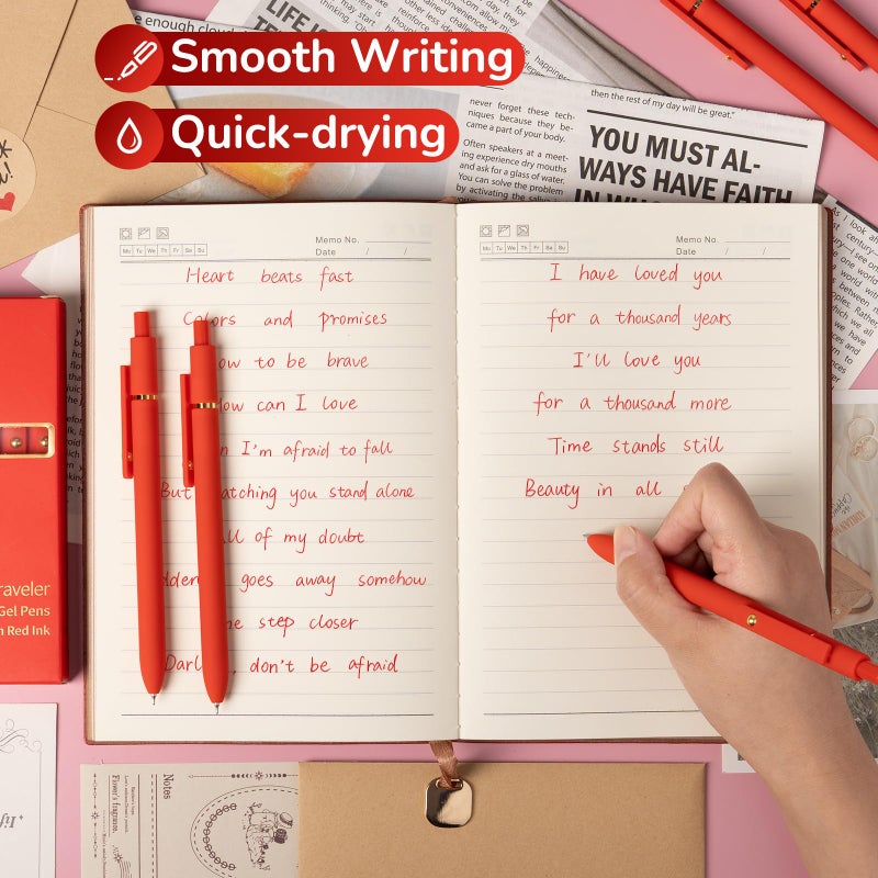 YOXMJDB 6 Pcs Red Ink Pens for Journaling 0.5mm Fine Point Red Gel Ink Pens, Smooth Writing Quick Dry Pen for Note Taking, Gift Set for Women & Men (6 Pcs Red Gold) - Image 5