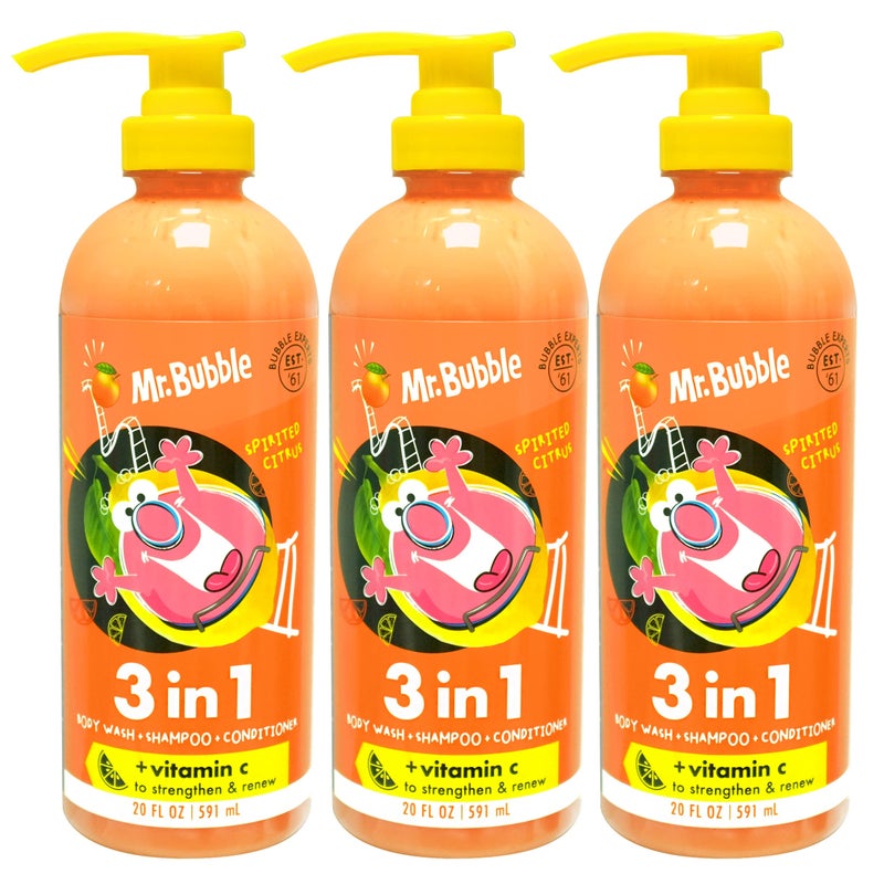Mr. Bubble Spirited Citrus 3-in-1 Body Wash, Shampoo & Conditioner Plus Vitamin C Strengthen and Renew Hair and Body 3-Pack - Image 1