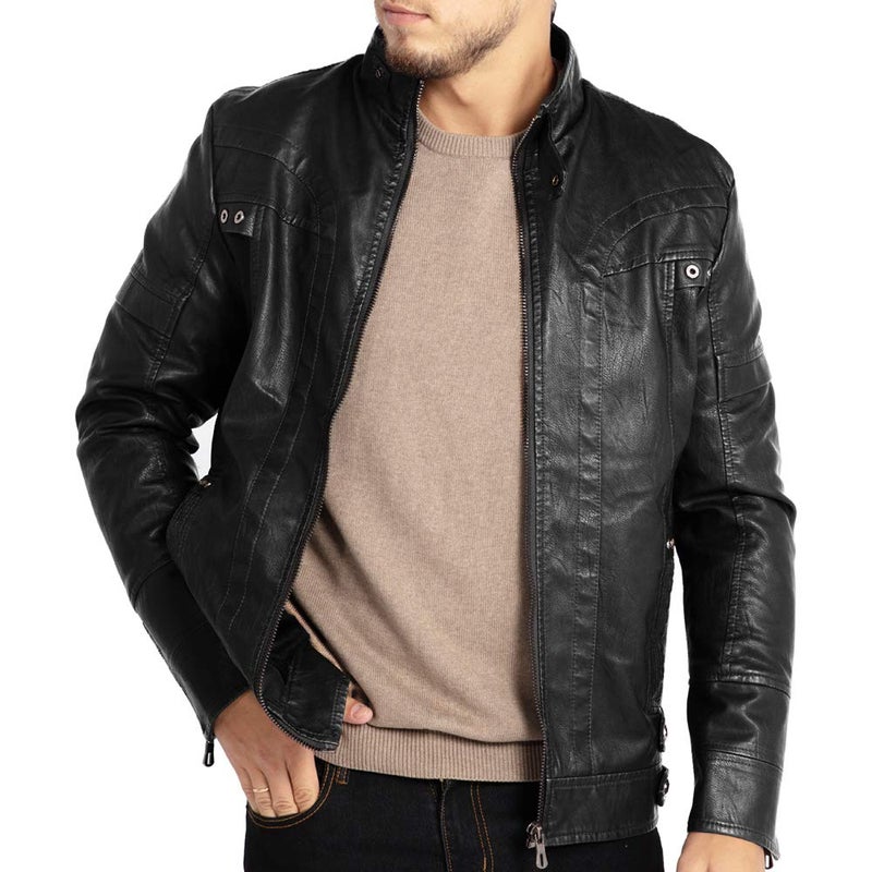 WULFUL Men's Vintage Stand Collar Leather Jacket Motorcycle PU Jacket and Coat - Image 3