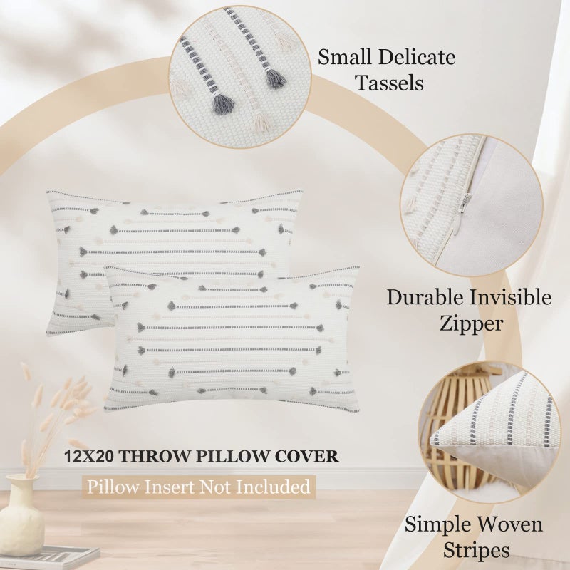 Mecatny Boho Outdoor Throw Pillow Covers 12X20 Set of 2, Farmhouse Lumbar Pillow Covers for Couch Sofa Living Room, Beige & Grey - Image 5