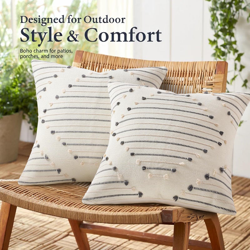 Mecatny Boho Outdoor Throw Pillow Covers 12X20 Set of 2, Farmhouse Lumbar Pillow Covers for Couch Sofa Living Room, Beige & Grey - Image 3