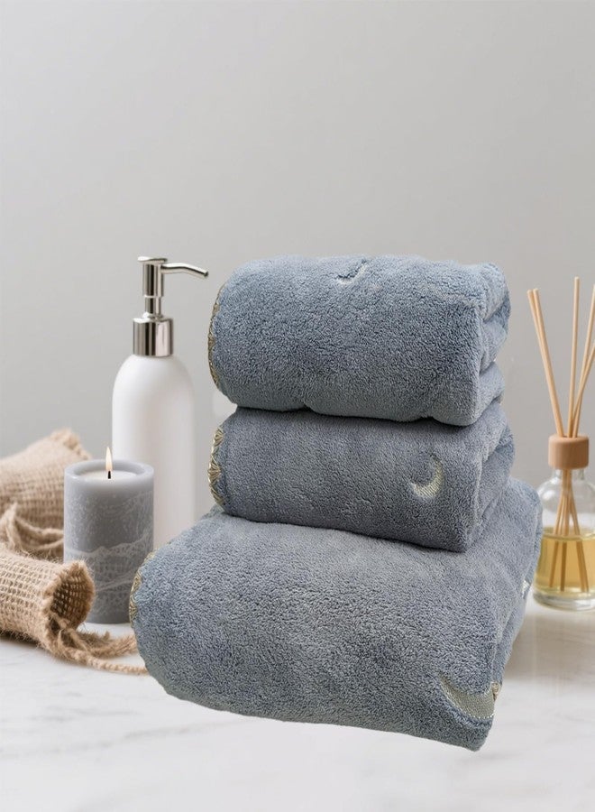 USTIDE 3-Piece Luxury Moon Pattern Towel Bundle, Quick-Drying Plush Bath Towels Set,Soft Towels for Hotel Spa Bathroom Decor, Dusty Blue - Image 3