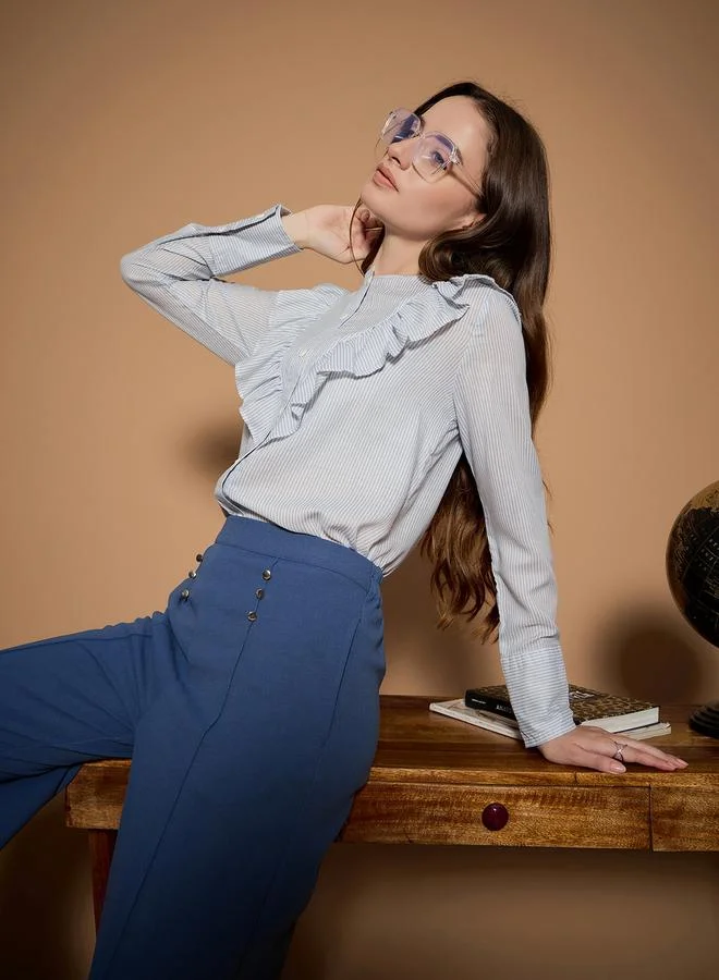 كاجوالي Ruffled Panel Striped Shirt by Styli