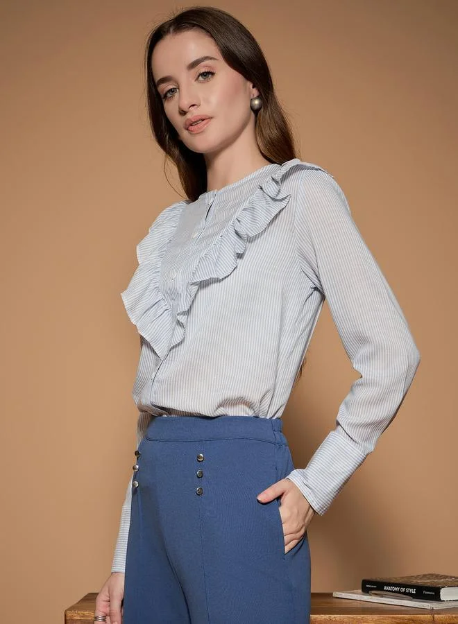 كاجوالي Ruffled Panel Striped Shirt by Styli