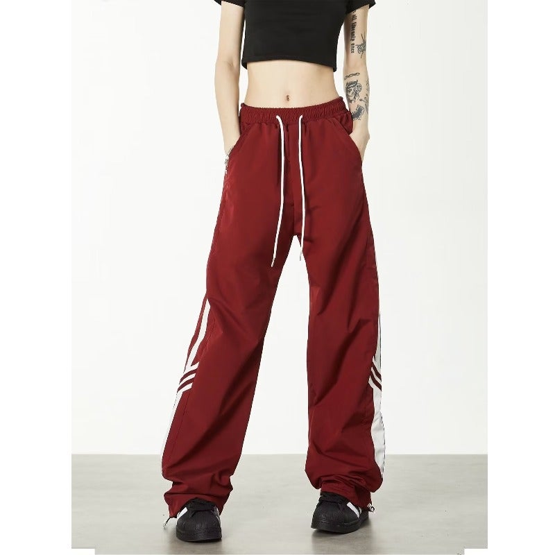 American-style retro three-bar striped overalls womens straight wide-leg drawstring Hip Hop Street straight sports casual pants Red 