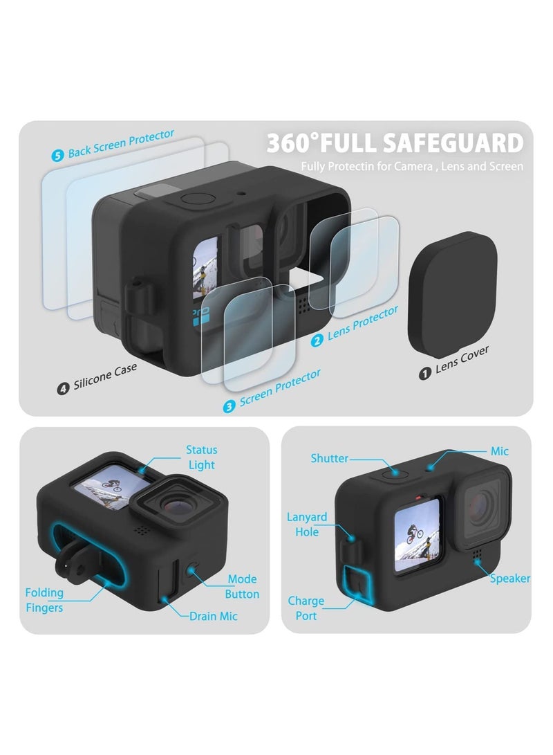 XICEN Silicone Sleeve Case for Go Pro Hero 11/Hero 10/Hero 9 Black, Battery Side Cover & Screen Protectors & Lens Caps & Lanyard for Go Pro Hero 11/10/9 Accessories Kit  - Image 2