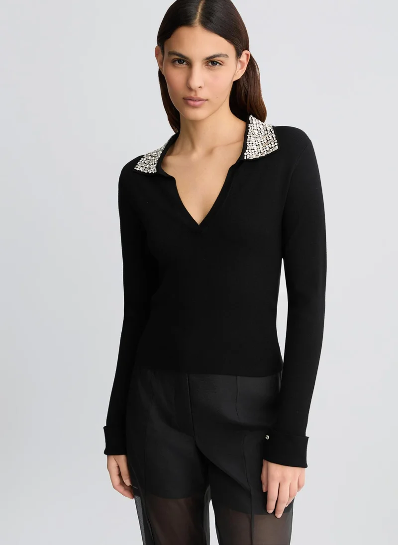 Liu Jo Black polo shirt with bejewelled embellishment