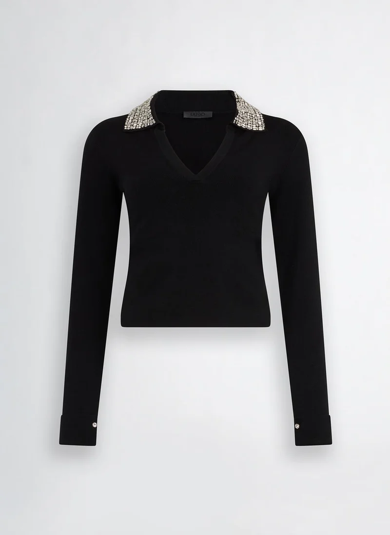 Liu Jo Black polo shirt with bejewelled embellishment