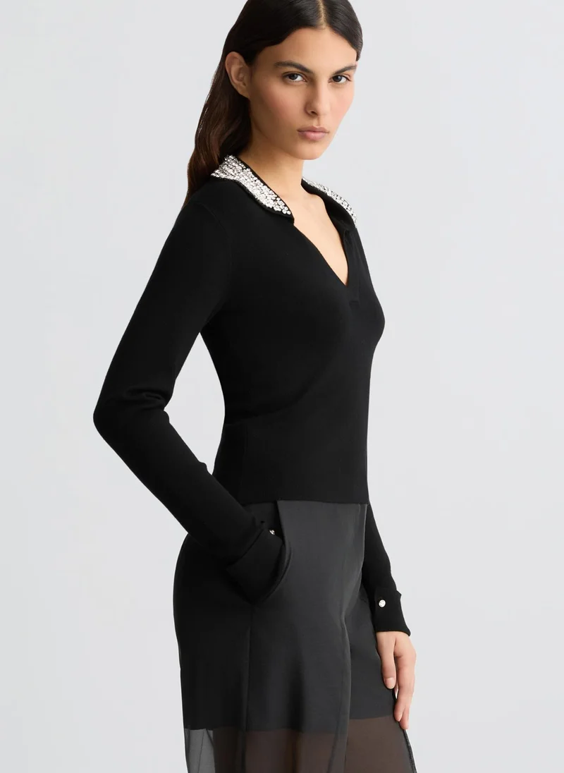Liu Jo Black polo shirt with bejewelled embellishment