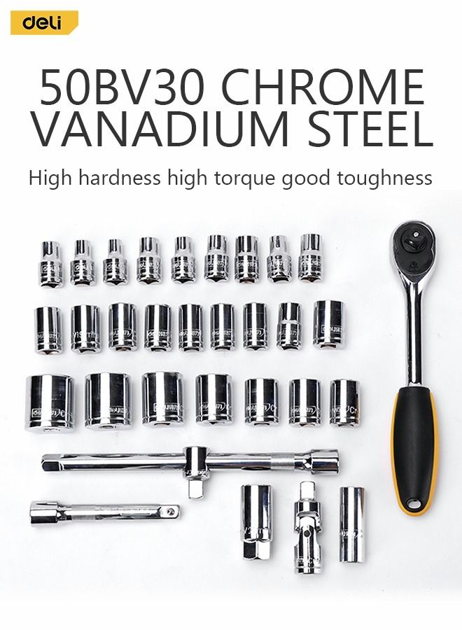 Deli 32pcs Professional Multifunctional Ratchet Socket Wrench Set with Box - Image 3