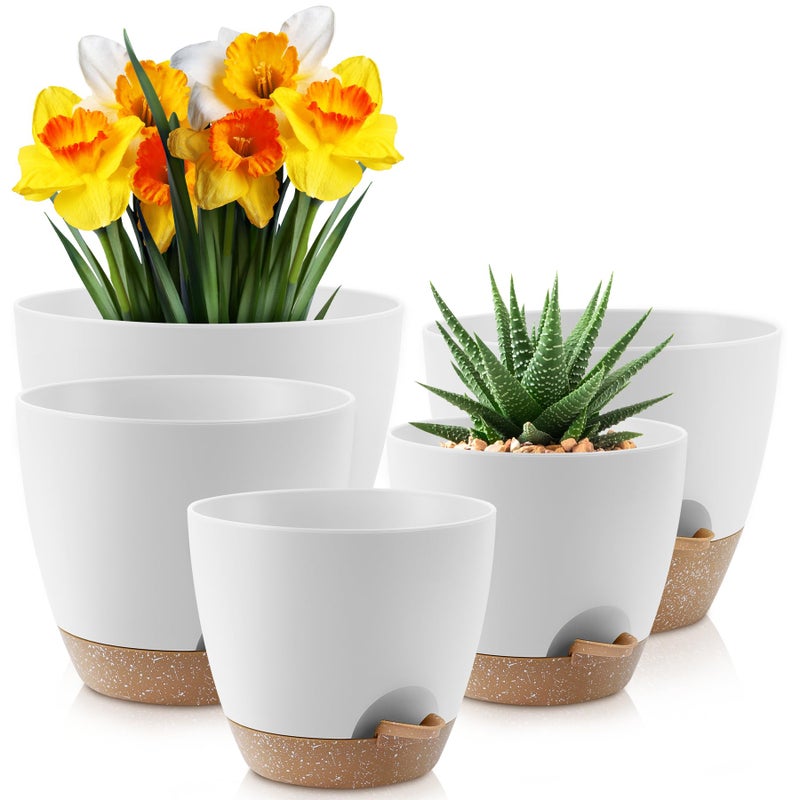 YNNICO Plant Pots 10/9/8/7.5/7 inch, Self Watering Planters with Drainage Holes & Saucers for Indoor and Outdoor Plants (White) - Image 1