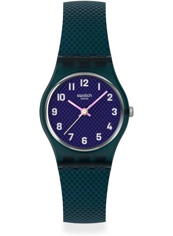 سواتش ساعة يد تناظرية صغيرة Swatch "Teal Weave" LL127 بمينا أرجواني داكن/أزرق وحزام أخضر - Image 3