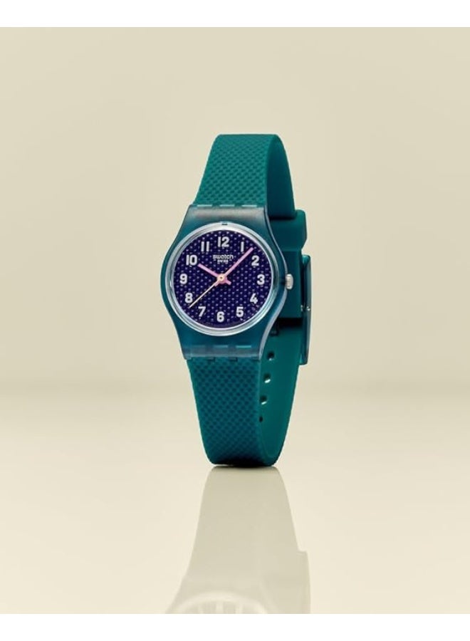 سواتش ساعة يد تناظرية صغيرة Swatch "Teal Weave" LL127 بمينا أرجواني داكن/أزرق وحزام أخضر - Image 1