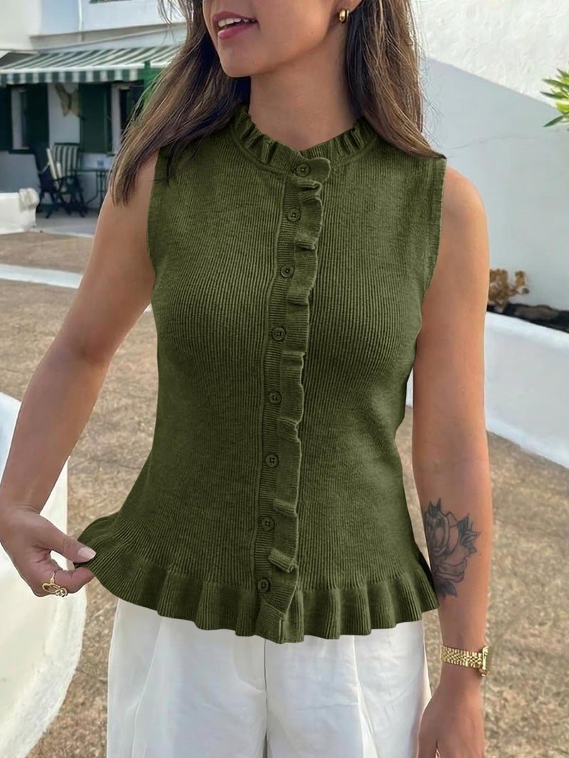 Saodimallsu Womens Sleeveless Sweater Vest Ruffle Button Down Knit Tank Top Summer Trendy Going Out Vest Tops Army Green - Image 3