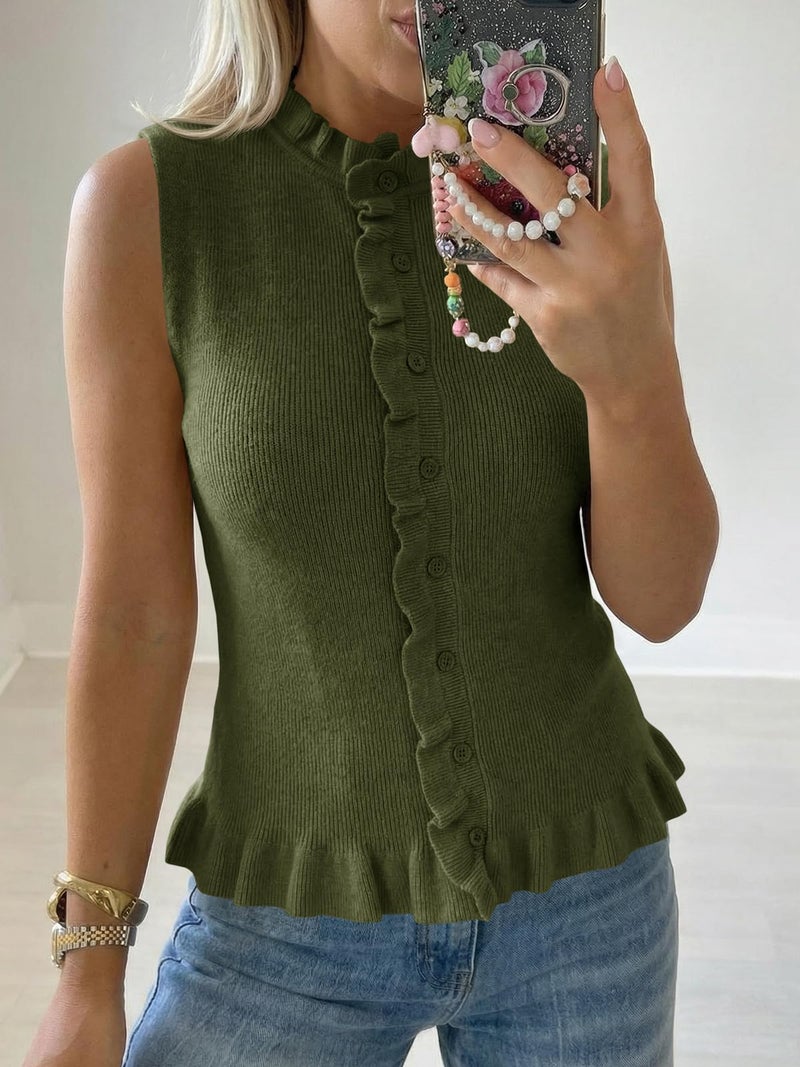 Saodimallsu Womens Sleeveless Sweater Vest Ruffle Button Down Knit Tank Top Summer Trendy Going Out Vest Tops Army Green - Image 2