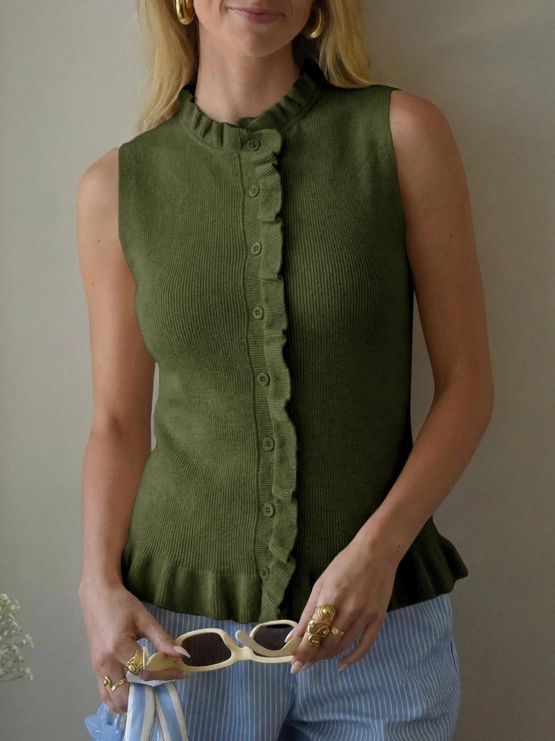 Saodimallsu Womens Sleeveless Sweater Vest Ruffle Button Down Knit Tank Top Summer Trendy Going Out Vest Tops Army Green - Image 4