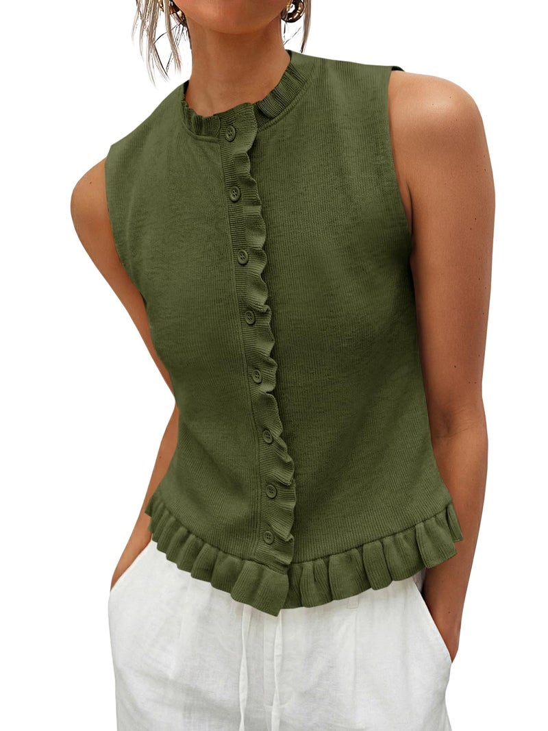 Saodimallsu Womens Sleeveless Sweater Vest Ruffle Button Down Knit Tank Top Summer Trendy Going Out Vest Tops Army Green - Image 1