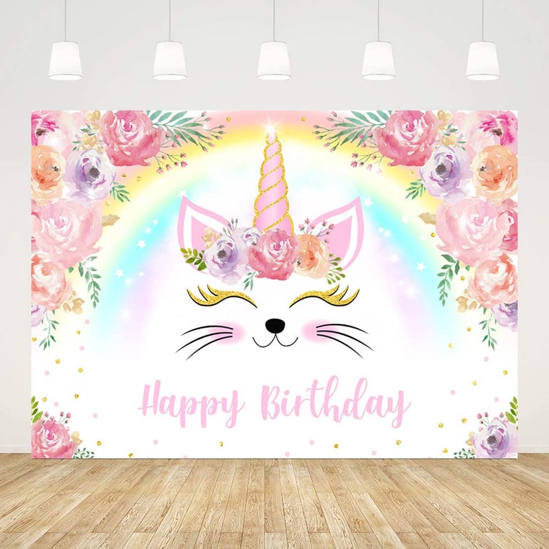 ABLIN 7x5ft Rainbow Unicorn Cat Happy Birthday Backdrop for Girls Pink Flowers Unicorn Cat Colorful Rainbow Photography Background Baby Girl Birthday Banner Photo Shoot Props