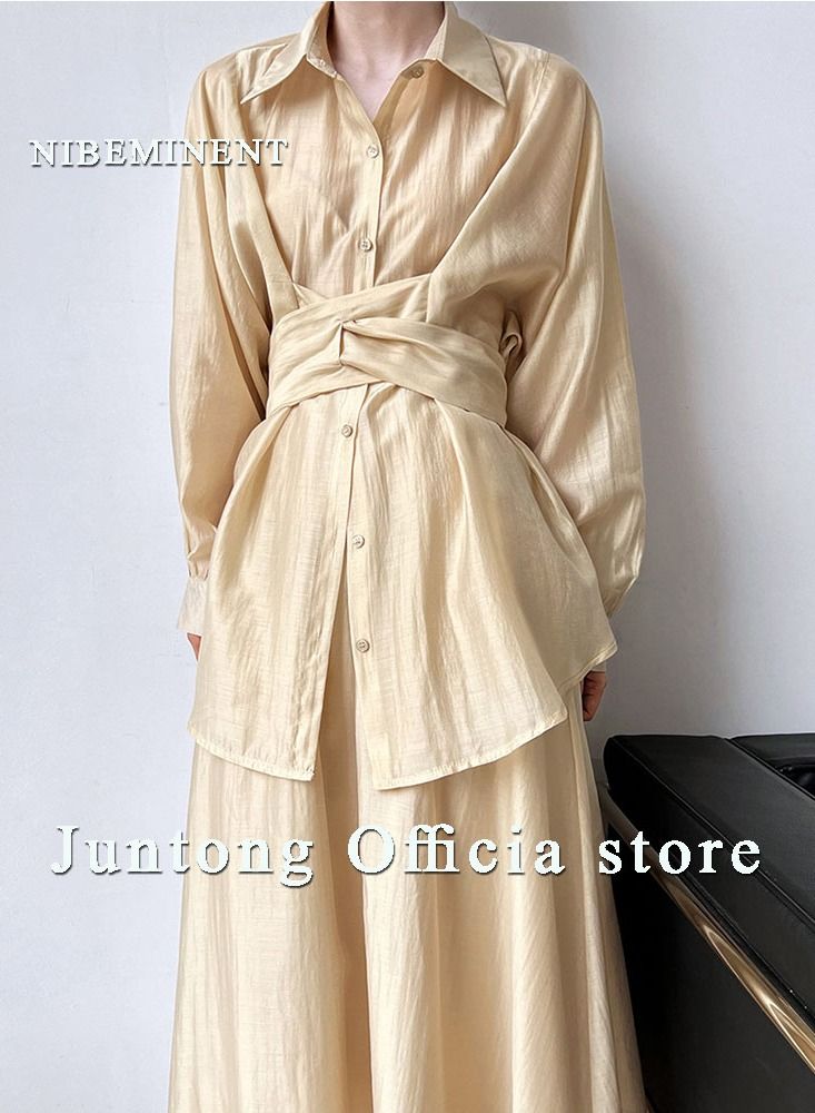 NIBEMINENT Women's Fashion Casual 2 Piece Suit Solid Color Waist  Waist Lace Up Sun Protection Shirt+Loose Drop Feeling Skirt  - Image 1