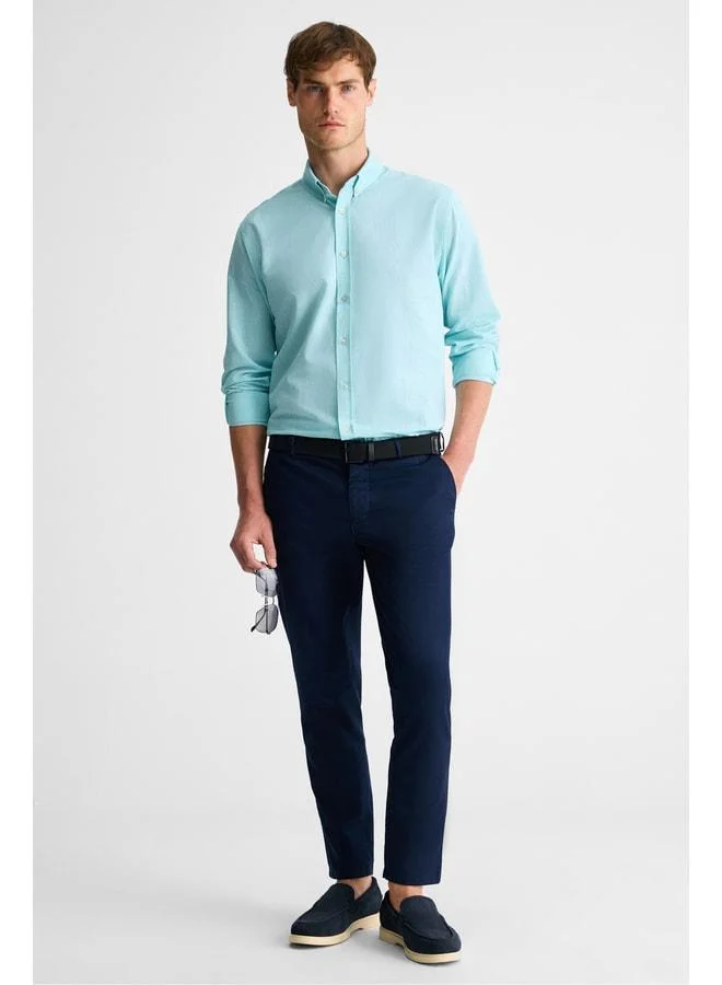 Grimelange Lasse Men's Shirt, Collared, Cuffed, Long Sleeve, Regular Fit, Cotton-Linen Blend, Mint Green.