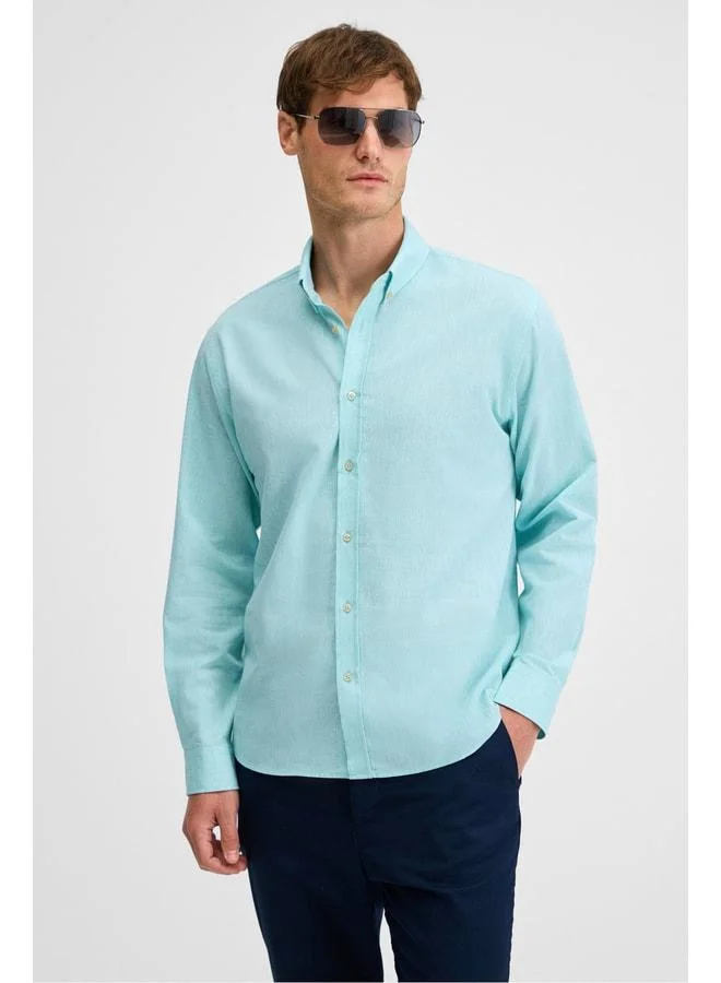 Grimelange Lasse Men's Shirt, Collared, Cuffed, Long Sleeve, Regular Fit, Cotton-Linen Blend, Mint Green.