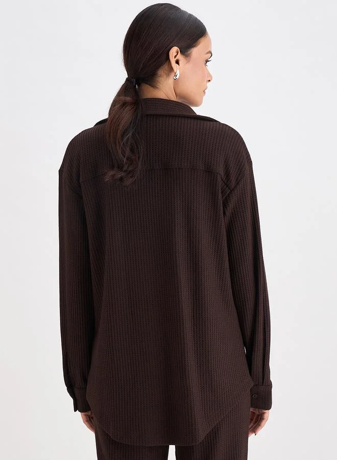 Femmella Women Coffee Brown Waffle Knit Button Down Shirt