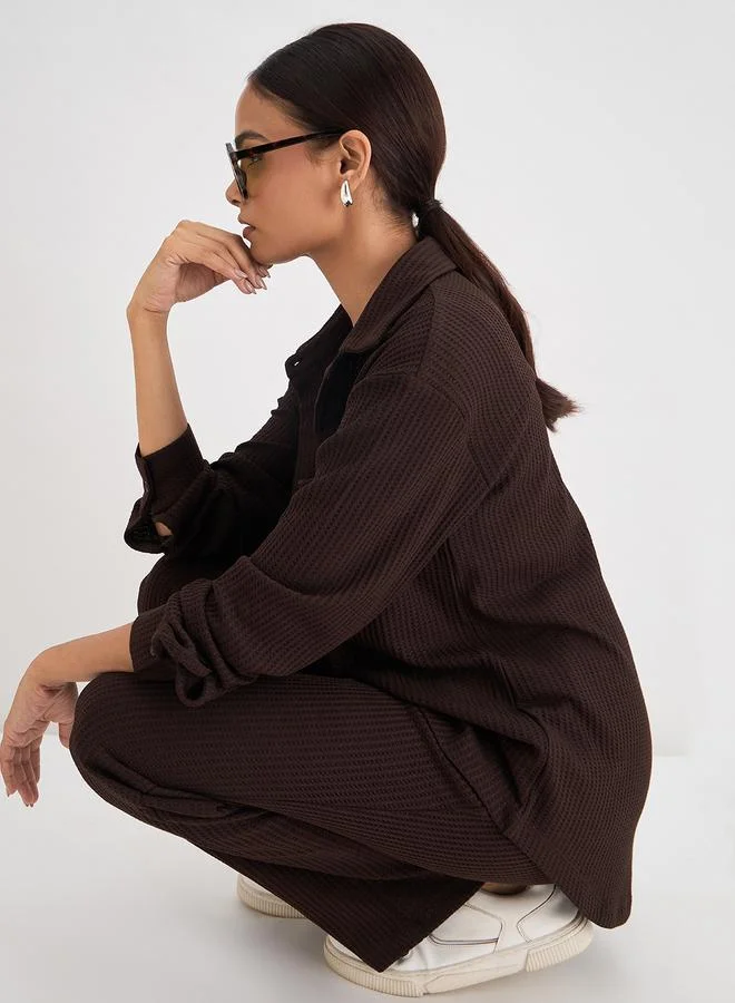 Femmella  Women Coffee Brown Waffle Knit Button Down Shirt for Women | Best Price UAE
