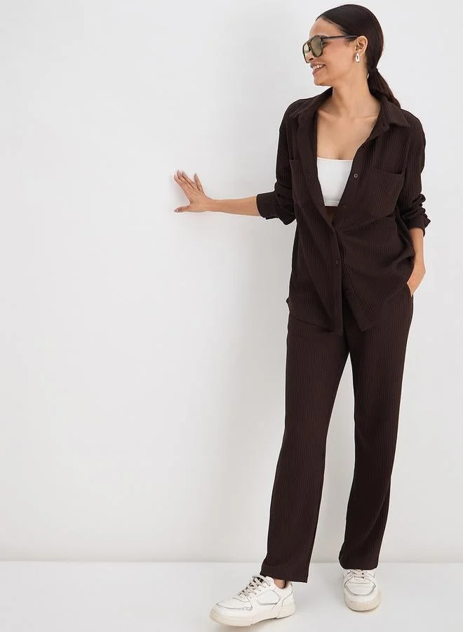 Femmella  Women Coffee Brown Waffle Knit Button Down Shirt for Women | Best Price UAE