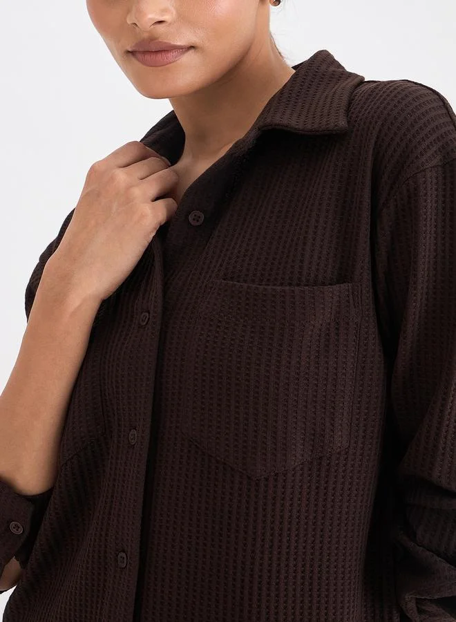Femmella  Women Coffee Brown Waffle Knit Button Down Shirt for Women | Best Price UAE