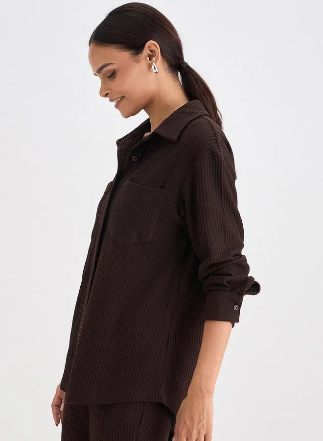 Femmella  Women Coffee Brown Waffle Knit Button Down Shirt for Women | Best Price UAE