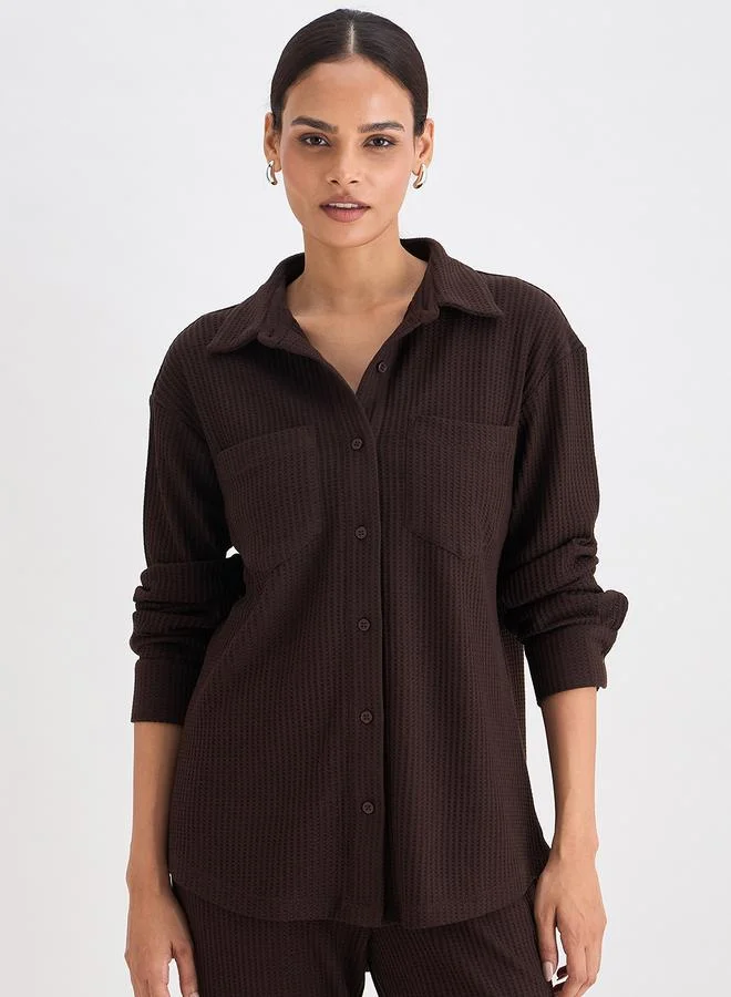 Femmella Women Coffee Brown Waffle Knit Button Down Shirt
