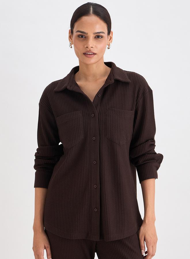 Femmella Women Coffee Brown Waffle Knit Button Down Shirt - Image 1