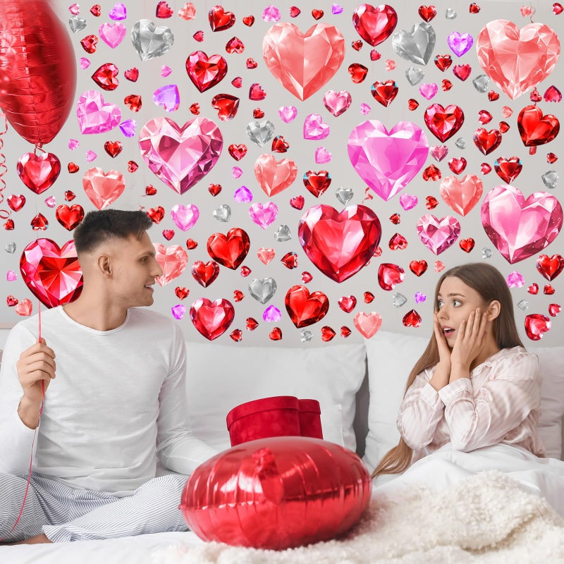 ReliThick 191 Pcs Valentines Wall Decals Diamond Faceted Love Heart Wall Stickers Romantic Large Heart Window Clings Decoration for Home Office Anniversary Party 6 Sheets(Pink and Red) - Image 3