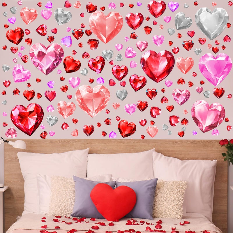 ReliThick 191 Pcs Valentines Wall Decals Diamond Faceted Love Heart Wall Stickers Romantic Large Heart Window Clings Decoration for Home Office Anniversary Party 6 Sheets(Pink and Red) - Image 5