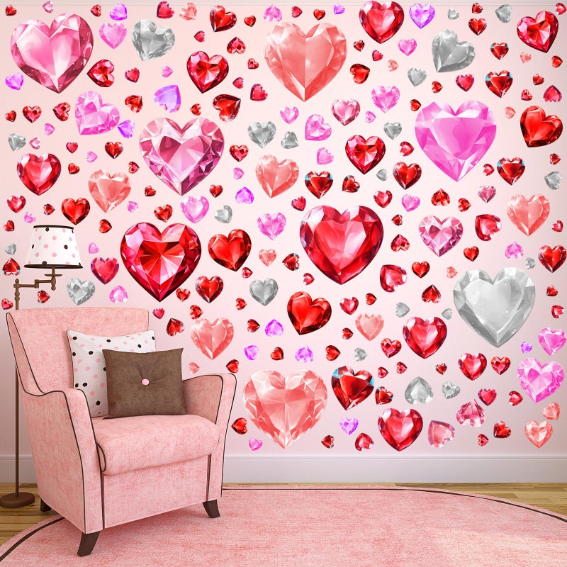 ReliThick 191 Pcs Valentines Wall Decals Diamond Faceted Love Heart Wall Stickers Romantic Large Heart Window Clings Decoration for Home Office Anniversary Party 6 Sheets(Pink and Red) - Image 1