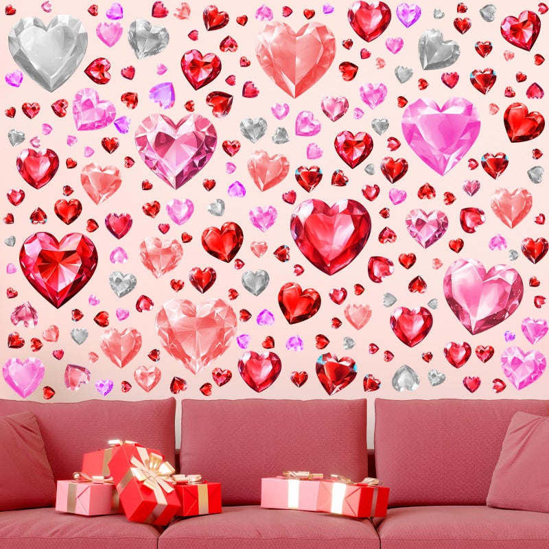 ReliThick 191 Pcs Valentines Wall Decals Diamond Faceted Love Heart Wall Stickers Romantic Large Heart Window Clings Decoration for Home Office Anniversary Party 6 Sheets(Pink and Red) - Image 4