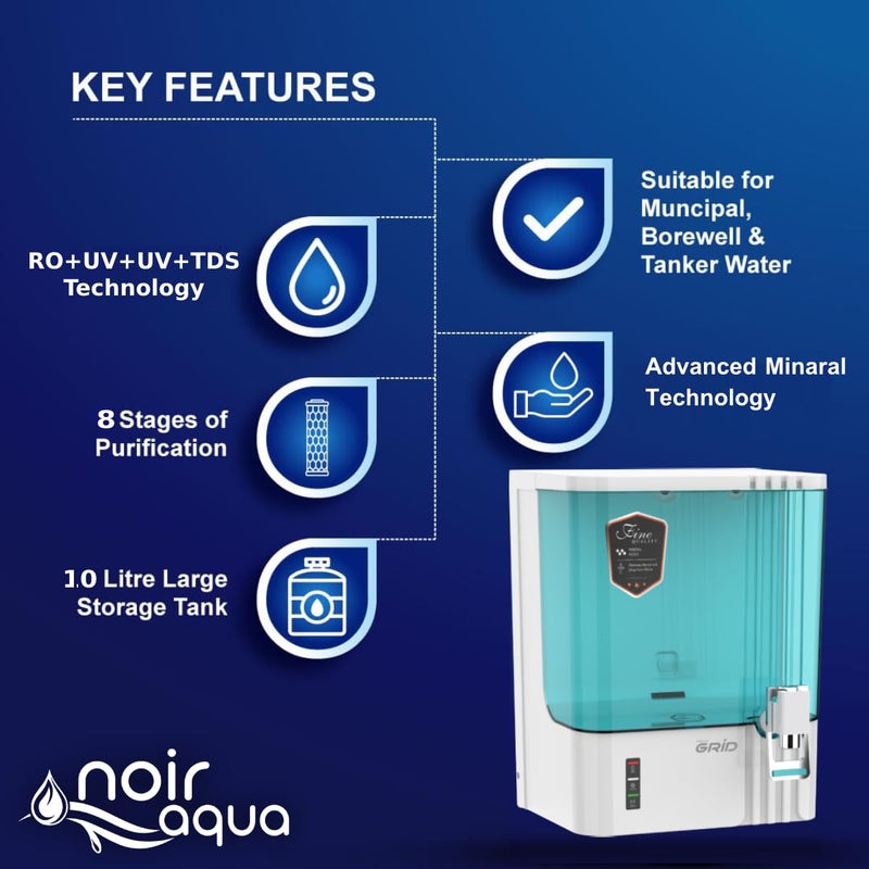 Noir Aqua Noir Aqua Grid B12 Alkaline 8 Stage 10 Ltrs RO UV UF TDS Control Pre Filter Accessories Premium RO Water Purifier Filter For Home and office Fully Automatic Green10 Ltrs - Image 2