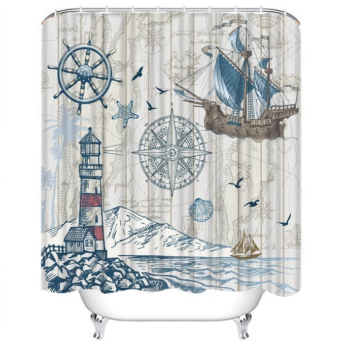 72 X 72 NAUTICAL SAILBOAT MAP SHOWER CURTAIN RUSTIC LIGHTHOUSE COMPASS SCENE BATHROOM SET BOYS GIRLS PIRATE SHIP HOME BATH BATHTUB DECOR DURABLE FABRIC MACHINE WASHABLE WITH 12 HOOKS