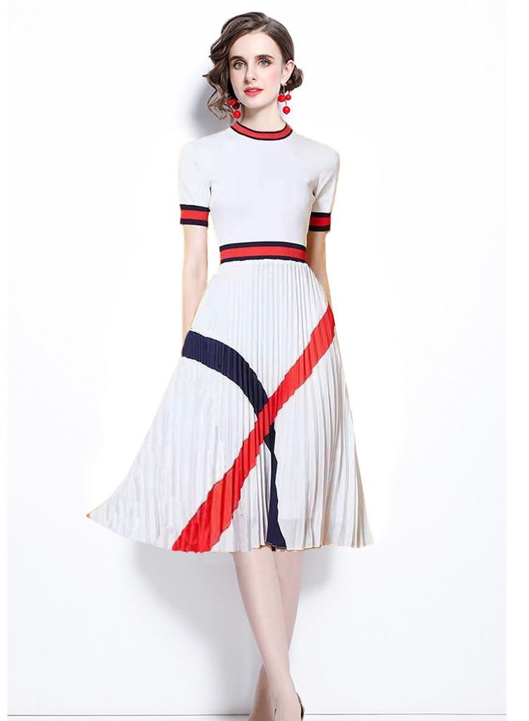 Loquat Medium length sweater patchwork print Pleated Dress - Image 1