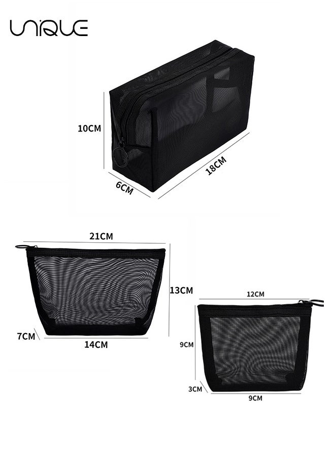 Unique 3 Pieces Mesh Cosmetic Bag, Makeup Bags, Zipper Pouch for Offices Travel Accessories, 3 Sizes (Black)  - Image 2