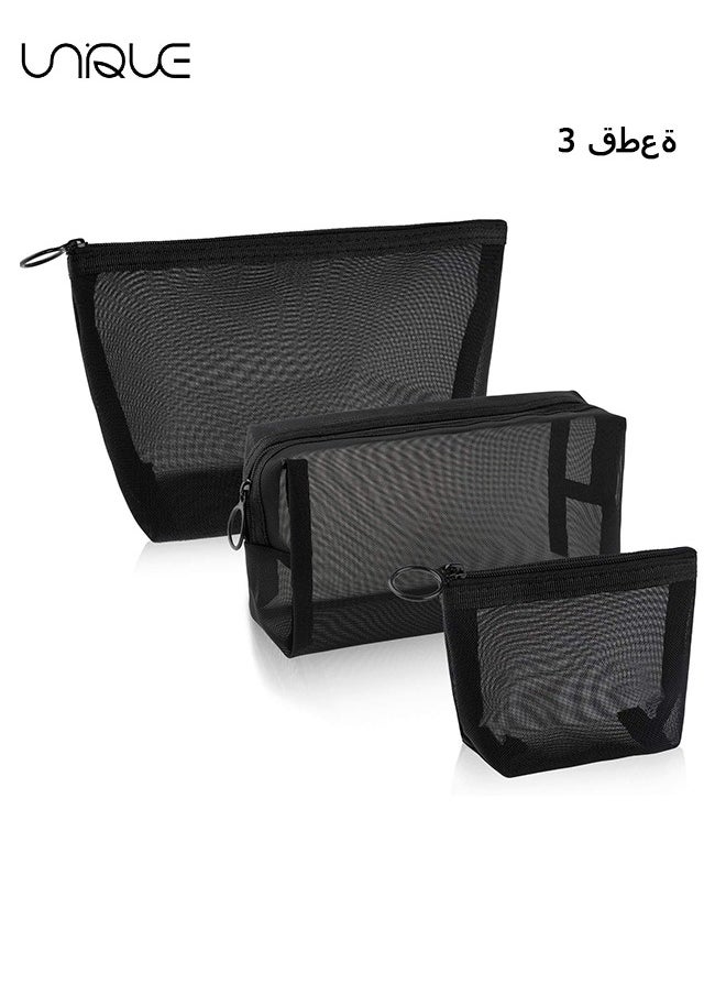 Unique 3 Pieces Mesh Cosmetic Bag, Makeup Bags, Zipper Pouch for Offices Travel Accessories, 3 Sizes (Black)  - Image 1