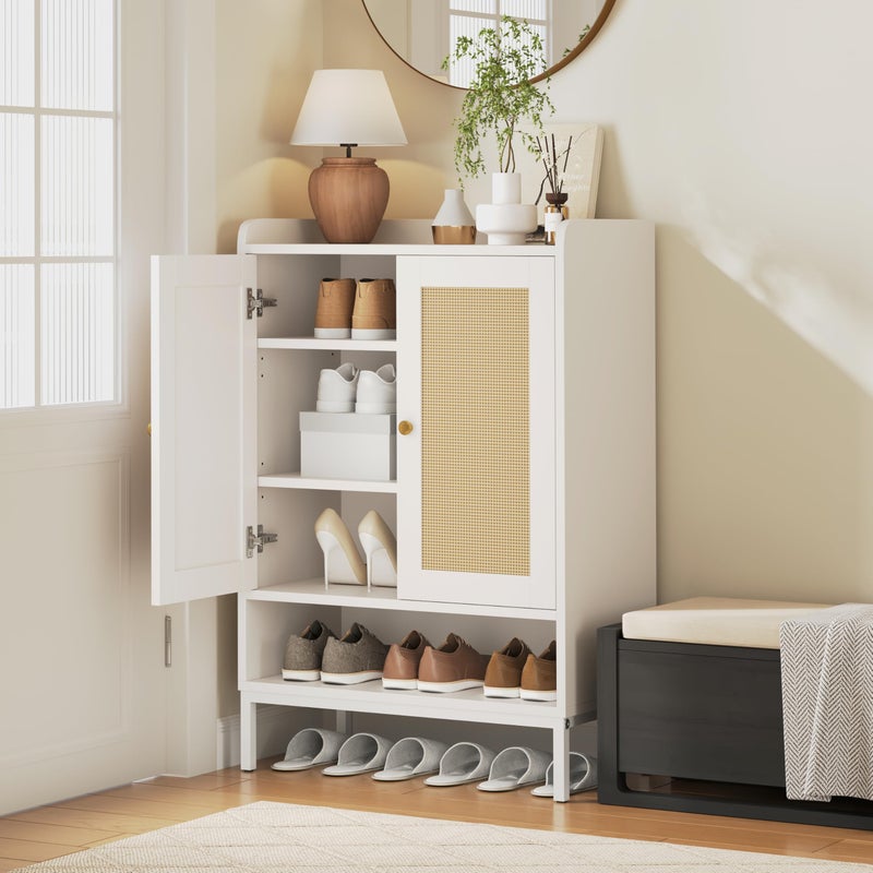 JASIWAY Rattan Shoe Cabinet Storage for Entryway Shoe Cabinet with Adjustable Shelves for Entryway 5Tier 20 Pair Shoe Rack Storage for Hallway Closet Living Room White