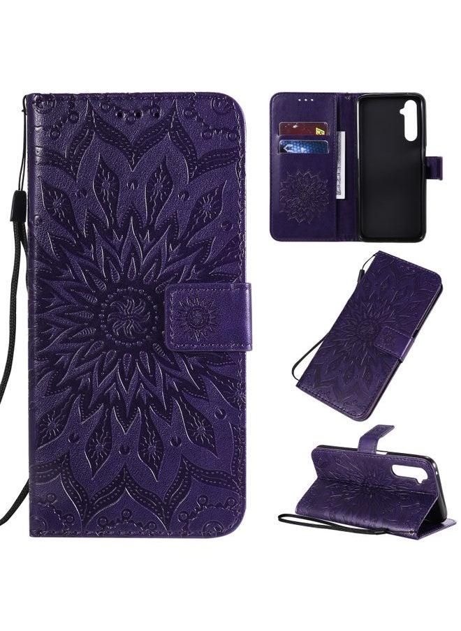 HuHa Case Cover For Realme 6 Pro Pressed Printing Sunflower Pattern Horizontal Flip PU Leather Case with Holder & Card Slots & Wallet & Lanyard Purple 