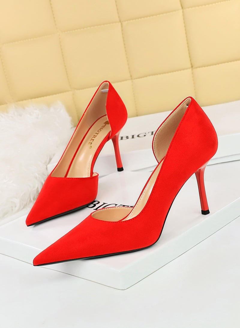 BIGTREE 8.5cm Fashion Simple Stiletto Heels Women's Lean Suede Shallow Mouth Pointed Side Hollowed Out Single Shoes Red - Image 1