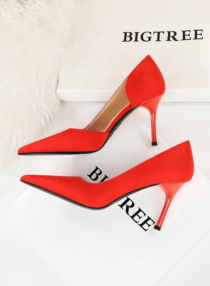 BIGTREE 8.5cm Fashion Simple Stiletto Heels Women's Lean Suede Shallow Mouth Pointed Side Hollowed Out Single Shoes Red - Image 2