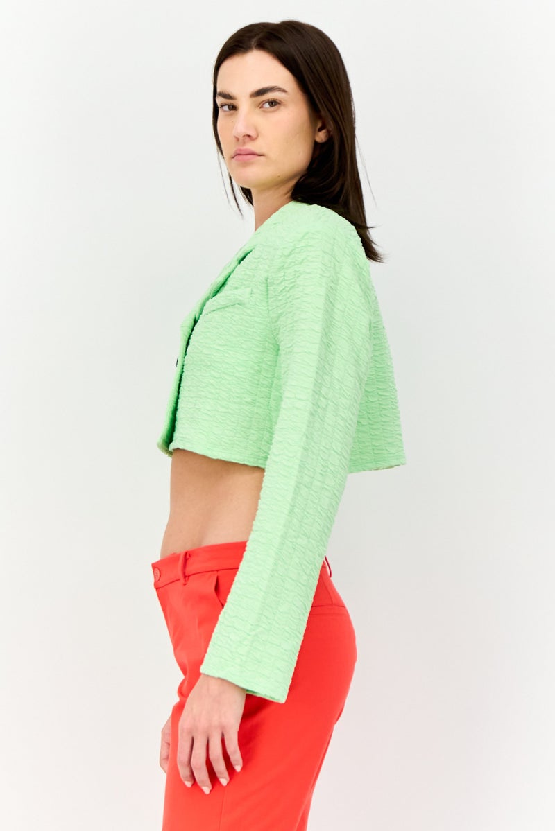 Asos Design Women Regular Fit Textured Crop Blazer, Green - Image 4