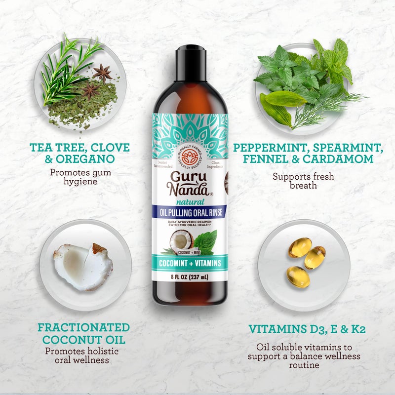 GuruNanda Coconut Oil Pulling, Fresh Breath & Whitening Mouthwash, 7 Essential Oils & Vitamins for Happy Teeth & Gums, Alcohol-Free, 8 oz - Image 2